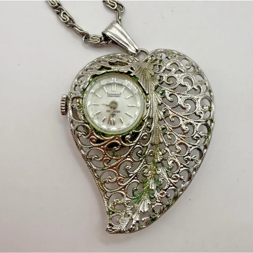 Heritage Swiss Pendant Watch Necklace Filigree Leaf Holder 1 Jewel Vintage